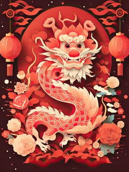 Happy chinese new year 2024 , the dragon zodiac ,lanterns and flowers in red color background.