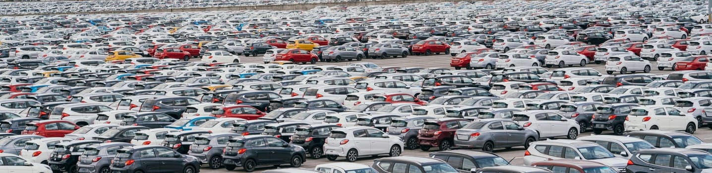 Lamchabang, Thailand - July 02, 2023 Rows of new cars parked in a distribution center at a sunny car factorya top view captures the crowded parking, showcasing modern industry and technology.