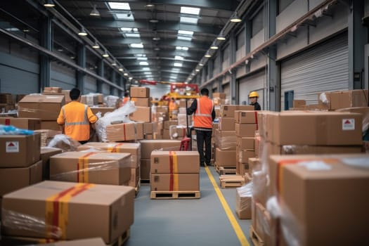 Workers working at post delivery service warehouse with cardboard boxes and packages packets. Logistic Generative AI.