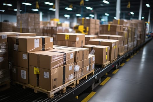 Workers working at post delivery service warehouse with cardboard boxes and packages packets. Logistic Generative AI.