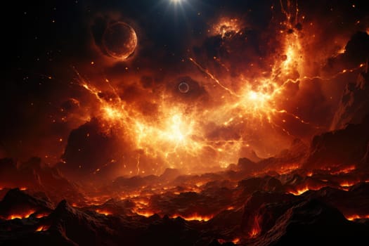 Sun in space with fire flame. surreal galaxy. Generative AI.