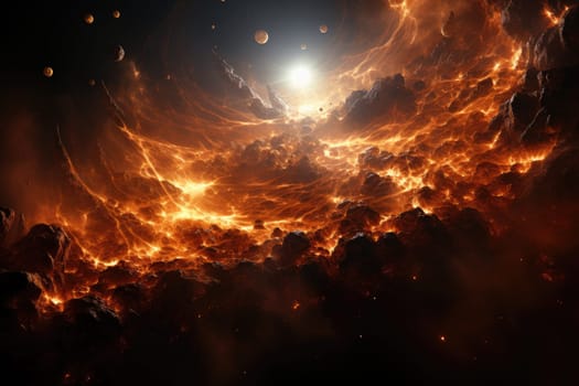 Sun in space with fire flame. surreal galaxy. Generative AI.