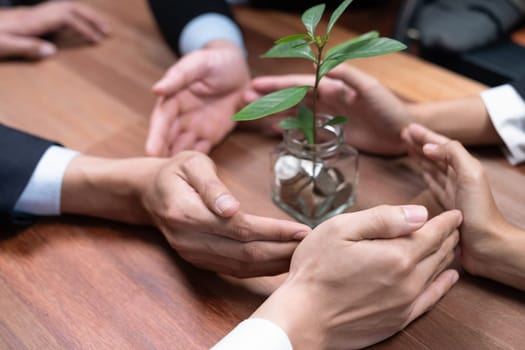 Business people holding money savings jar together in synergy filled with coin and growing plant for sustainable financial for retirement or eco subsidy investment for environment protection. Quaint