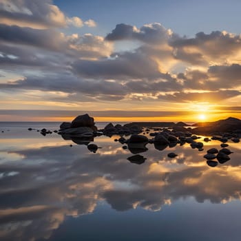 Sunset over the sea with stones on the foreground. Reflections.Sunset over the sea with stones in the foreground and reflection in water.