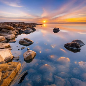 Sunset over the sea with stones on the foreground. Reflections.Sunset over the sea with stones in the foreground and reflection in water.