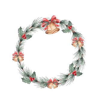 Watercolor round frame of fir, holly and bells. Christmas wreath fir for decoration of holiday cards and invitations.