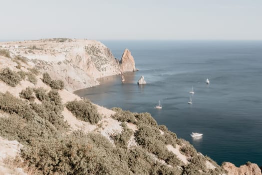 Aerial panoramic view of beautiful sunset above sea. Beautiful seascape. Sun glare, small waves on the water surface. Evening. Horizon. Nobody. No people. Copy space. Never-ending beauty of nature