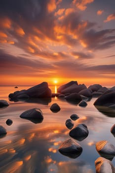 Sunset over the sea with stones on the foreground. Reflections.Sunset over the sea with stones in the foreground and reflection in water.