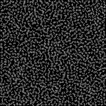 Falling numbers, big data concept. Binary white random flying digits. Unique futuristic banner on black background. Digital illustration with falling numbers.