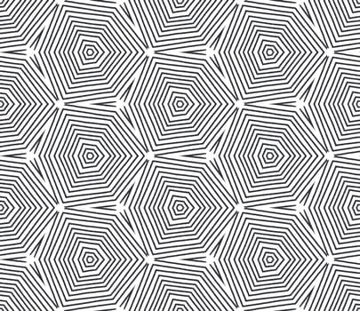 Geometric seamless pattern. Black symmetrical kaleidoscope background. Textile ready immaculate print, swimwear fabric, wallpaper, wrapping. Hand drawn geometric seamless design.