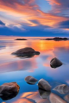 Sunset over the sea with stones on the foreground. Reflections.Sunset over the sea with stones in the foreground and reflection in water.