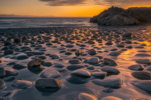 Sunset over the sea with stones on the foreground. Reflections.Sunset over the sea with stones in the foreground and reflection in water.