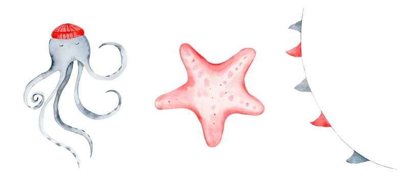 Watercolor sea cute set with octopus starfish and garland flag. Sea creatures for designing cards and invitations for baby showers and birthdays