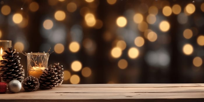 Merry Christmas and Happy New Year background with empty wooden table over Christmas tree and blurred light bokeh. Empty display for product placement. Rustic vintage Xmas 2024 background. comeliness