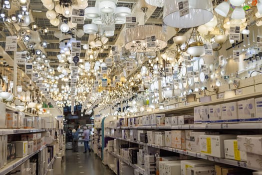 chandeliers and lamps sale department in the Leroy Merlin hardware store in Tula, Russia in June 22, 2022