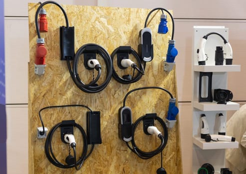 Several charging stations from electric cars - exhibition - close up