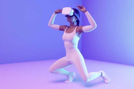 woman headset digital reality person internet futuristic cyberspace virtual innovation smart tech science vr art glasses sport concept neon reality virtual game. Generative AI.