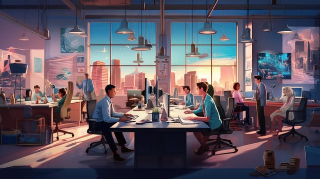 A bustling office scene with employers cartoon illustration - Generative AI. Office, people, table, window, laptop.