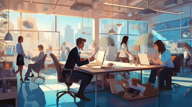 A bustling office scene with employers cartoon illustration - Generative AI. Office, people, table, window, laptop.