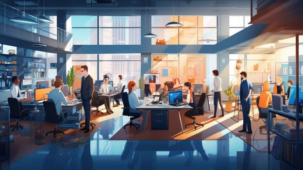 A bustling office scene with employers cartoon illustration - Generative AI. Office, sunlight, people, workplace.