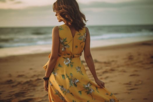 fashion woman dancing beautiful trendy sky hippie holiday young vogue beach beauty sea lifestyle person dress fashionable summer gypsy female outfit. Generative AI.