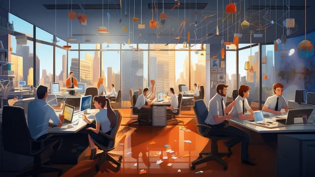 A bustling office scene with employers cartoon illustration - Generative AI. Round, table, people, discussion.