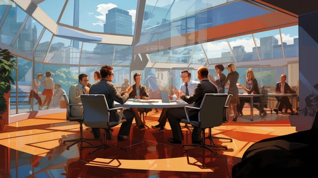 A bustling office scene with employers cartoon illustration - Generative AI. Round, table, people, discussion.