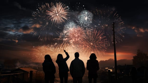 Firework explosion in the night sky celebrating happy new year 2024 . National firework shooting in the beautiful sky for a new year day of year 2024 .