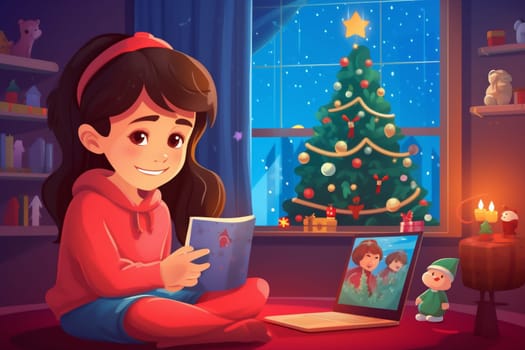 family laptop computer illustration home cyberspace video christmas tree christmas communication baby beautiful person child happy event digital girl chat online. Generative AI.