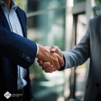 Business handshake photo realistic illustration - Generative AI. Businesspeople, multinational, handshake, men.