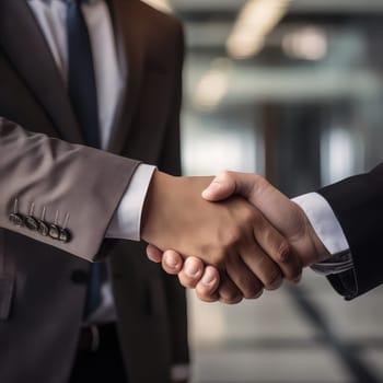 Business handshake photo realistic illustration - Generative AI. Businesspeople, multinational, handshake, men.