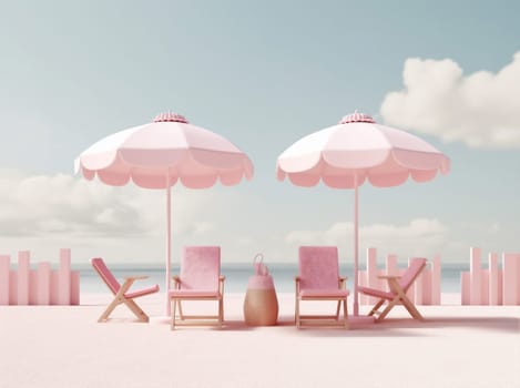 holiday summer sea retro background umbrella space chair sun beach water season vacation tropical sand copy pink parasol pool lifestyle shore. Generative AI.