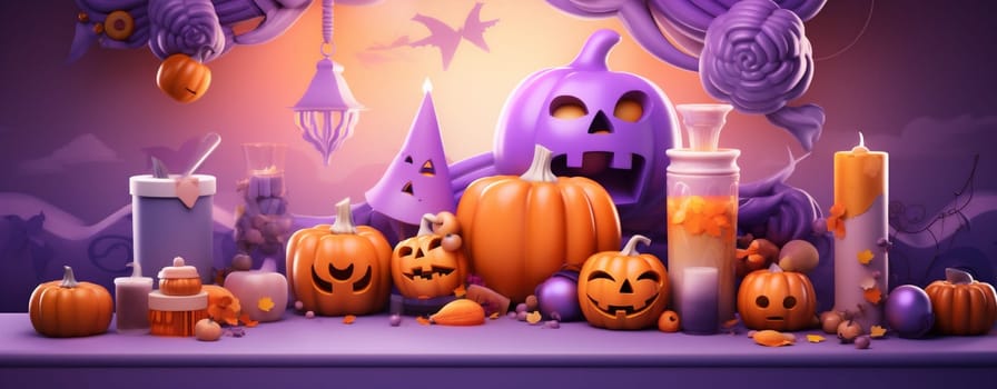celebration halloween spider pumpkin skittish festive snack background bat table illustration spooky sweet holiday purple dessert candy traditional orange party. Generative AI.
