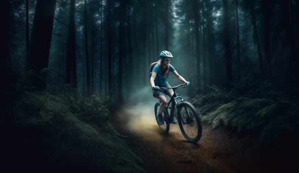 woman leisure biker green walking walk bicycle cycling dark fitness bike adventure sunset sport mountain exercise road helmet outdoors forest summer. Generative AI.