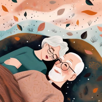 man woman husband partner old sleep relax together happiness home lying couple adult bed happy cartoon concept mature retired pillow love asleep. Generative AI.