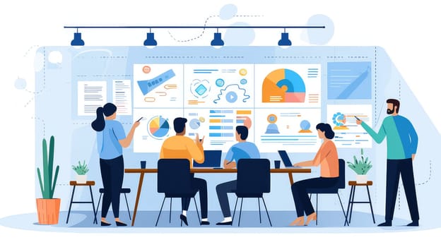 Remote workers cartoon illustration - Generative AI. Office, colorful, employee, board, chair.