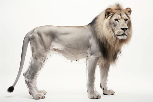 Side view of an adult lion against a white background. X-ray of a lion's body.