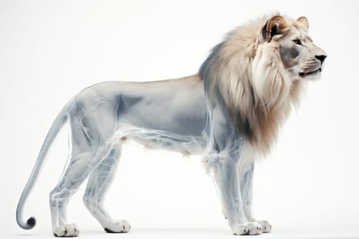 Side view of an adult lion against a white background. X-ray of a lion's body.
