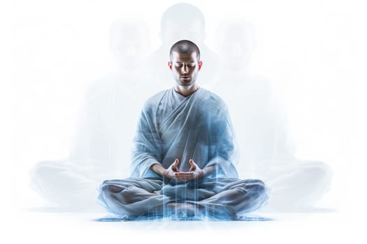 A man in a lotus position is surrounded by a blue glow. Meditation.