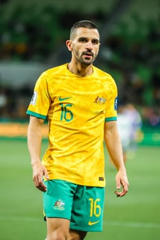 MELBOURNE, AUSTRALIA - NOVEMBER 16: Aziz Behich of Australia during the 2026 FIFA World Cup Qualifier match between Australia Socceroos and Bangladesh at AAMI Park on November 16, 2023 in Melbourne, Australia