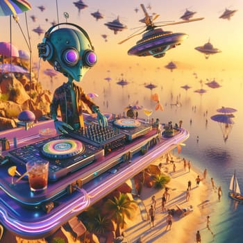 metallic alien deejay, hosting a crowded beach party in tropical island at sunset generative ai art