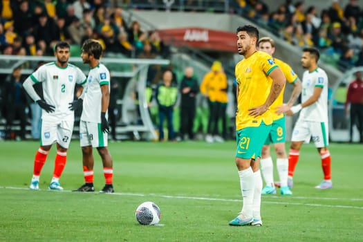 MELBOURNE, AUSTRALIA - NOVEMBER 16: Massimo Luongo of Australia during the 2026 FIFA World Cup Qualifier match between Australia Socceroos and Bangladesh at AAMI Park on November 16, 2023 in Melbourne, Australia