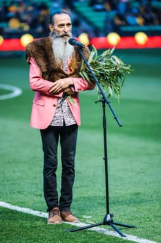 MELBOURNE, AUSTRALIA - NOVEMBER 16: Aboriginal 'Welcome To Country' before the 2026 FIFA World Cup Qualifier match between Australia Socceroos and Bangladesh at AAMI Park on November 16, 2023 in Melbourne, Australia