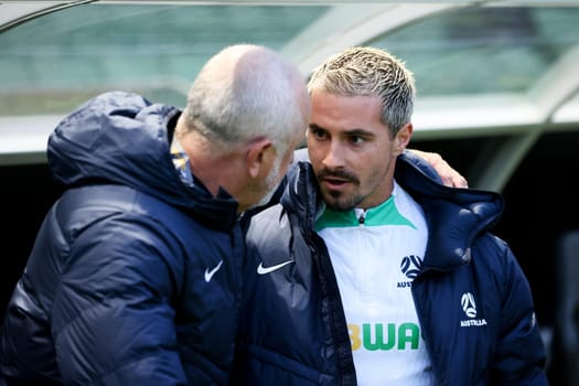 MELBOURNE, AUSTRALIA - NOVEMBER 16: Graham Arnold, head coach of Australia and Jamie Maclaren before the 2026 FIFA World Cup Qualifier match between Australia Socceroos and Bangladesh at AAMI Park on November 16, 2023 in Melbourne, Australia