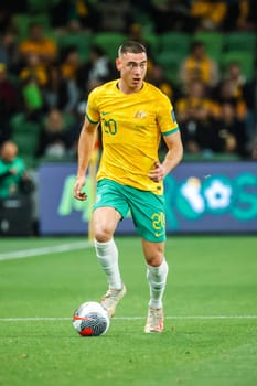 MELBOURNE, AUSTRALIA - NOVEMBER 16: Lewis Miller of Australia during the 2026 FIFA World Cup Qualifier match between Australia Socceroos and Bangladesh at AAMI Park on November 16, 2023 in Melbourne, Australia