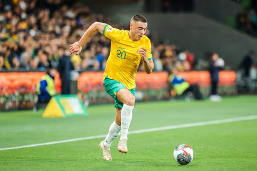 MELBOURNE, AUSTRALIA - NOVEMBER 16: Lewis Miller of Australia during the 2026 FIFA World Cup Qualifier match between Australia Socceroos and Bangladesh at AAMI Park on November 16, 2023 in Melbourne, Australia
