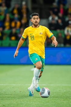 MELBOURNE, AUSTRALIA - NOVEMBER 16: Massimo Luongo of Australia during the 2026 FIFA World Cup Qualifier match between Australia Socceroos and Bangladesh at AAMI Park on November 16, 2023 in Melbourne, Australia