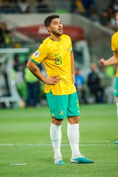 MELBOURNE, AUSTRALIA - NOVEMBER 16: Massimo Luongo of Australia during the 2026 FIFA World Cup Qualifier match between Australia Socceroos and Bangladesh at AAMI Park on November 16, 2023 in Melbourne, Australia