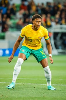 MELBOURNE, AUSTRALIA - NOVEMBER 16: Kusini Yengi of Australia during the 2026 FIFA World Cup Qualifier match between Australia Socceroos and Bangladesh at AAMI Park on November 16, 2023 in Melbourne, Australia