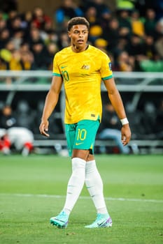 MELBOURNE, AUSTRALIA - NOVEMBER 16: Kusini Yengi of Australia during the 2026 FIFA World Cup Qualifier match between Australia Socceroos and Bangladesh at AAMI Park on November 16, 2023 in Melbourne, Australia